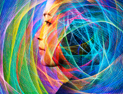 A woman's face blended with a swirl of colors representing AI in digital learning.