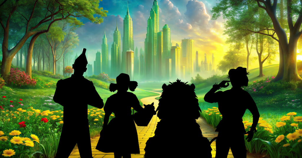 A silhouette of the characters from The Wizard of Oz looking at the Emerald City representing navigating the uncertainties of AI.